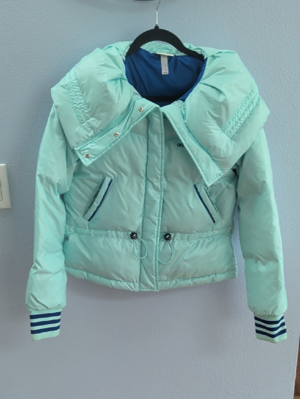 adidas NEO teal mint Foldover Stand Up Puffy Collar Y2K Down Feather Jacket